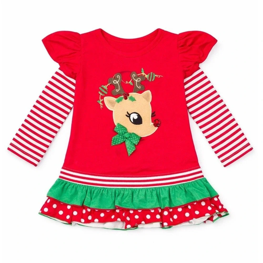 Bonnie Baby Christmas‎ Reindeer Dress Red Striped Ruffle Holiday 18M X59613-PL
